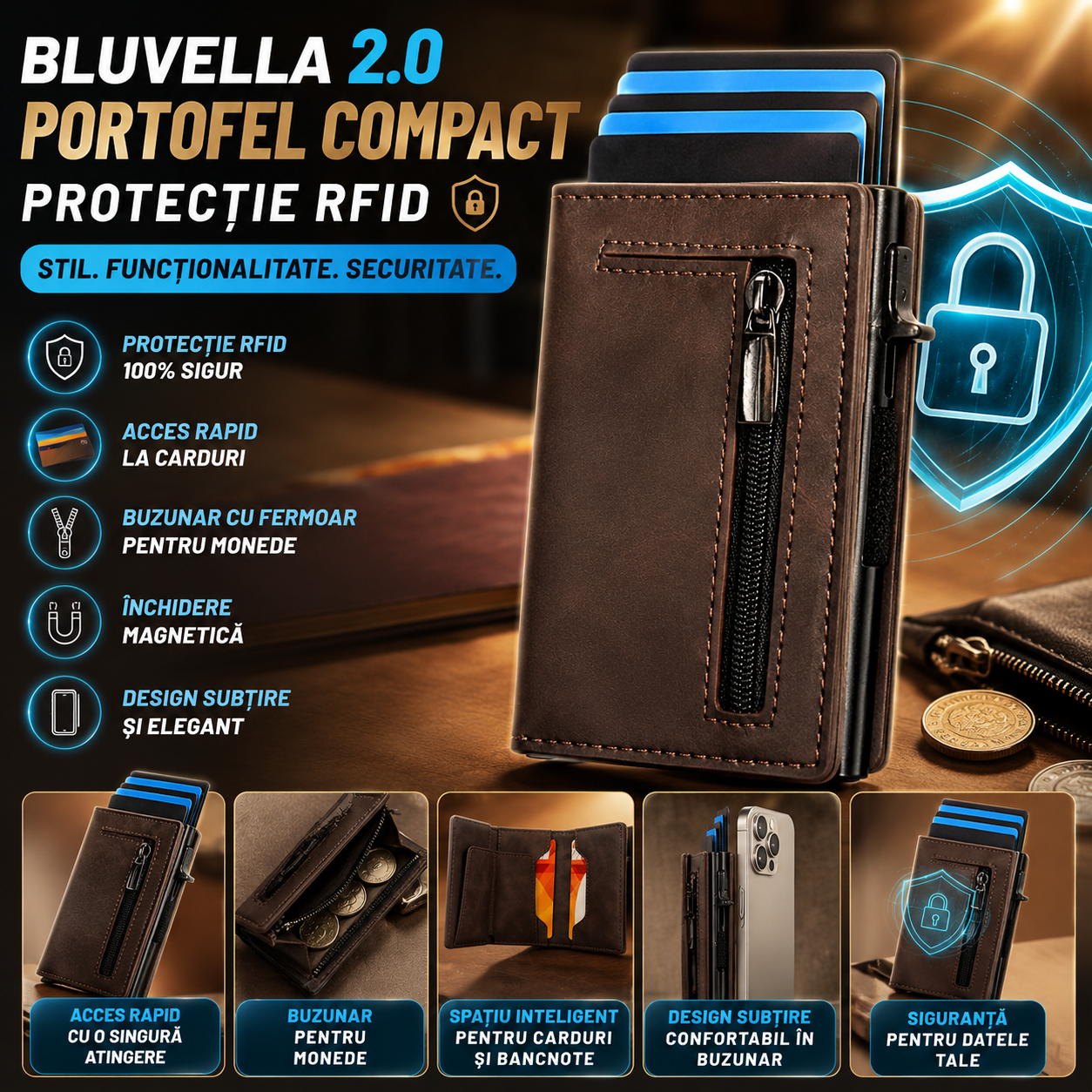 Portofel Compact cu Protecție RFID SafeWallet™